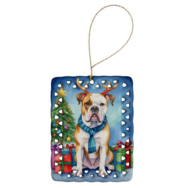 American Bulldog Christmas Reindeer Porcelain Ornament Christmas Tree Hanging Decorations For Home Christmas Holiday, Rectangle, Gift, Multicolor_maomaolike.com