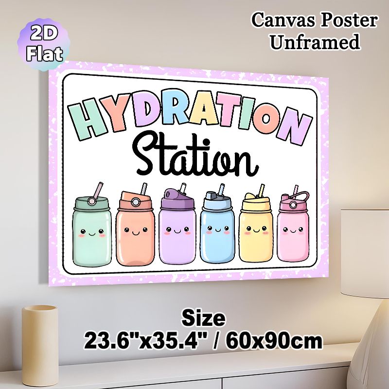 Hydration Station Painting Poster, Pastel-colored Cartoon Cute Water Bottles Poster, Gentle Reminder To Stay Hydrated, Suitable For Office, Home Or_maomaolike.com