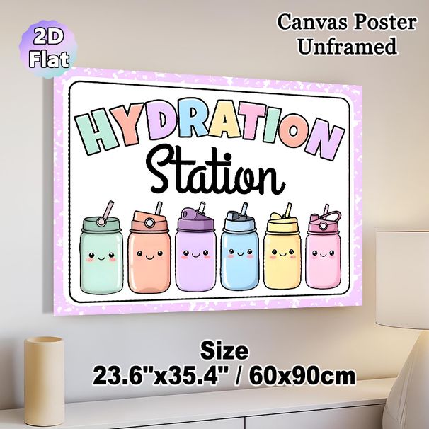 Hydration Station Painting Poster, Pastel-colored Cartoon Cute Water Bottles Poster, Gentle Reminder To Stay Hydrated, Suitable For Office, Home Or_maomaolike.com