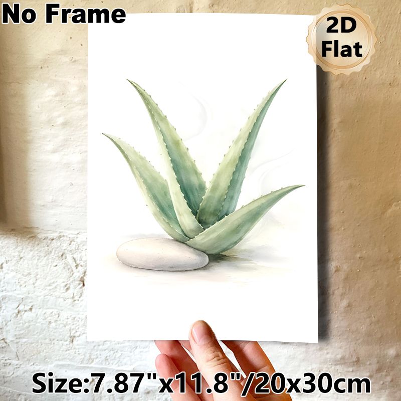 Aloe Vera Painting Poster, Soft Watercolor Style Aloe With Smooth Stone Poster, Fresh Natural Vibe, Ideal For Bedroom, Living Room And Bathroom_maomaolike.com