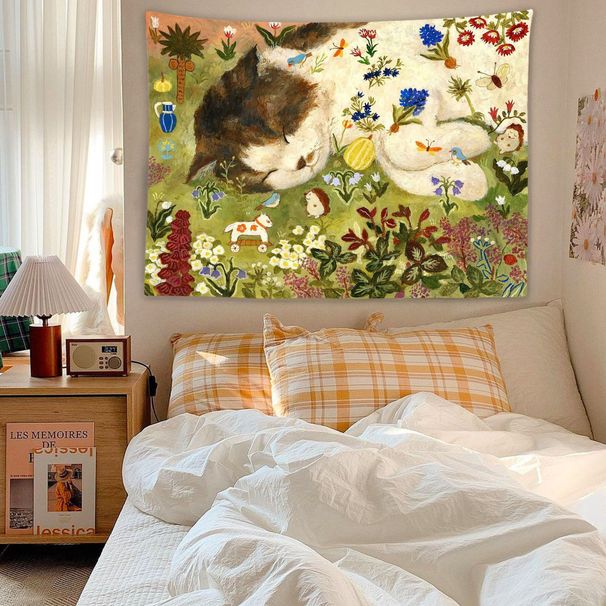 Cute Cat Korean Ins Style Vintage Art Tapestry Sofa Blanket Wall Hanging Bedroom Bedside Background Cloth_maomaolike.com