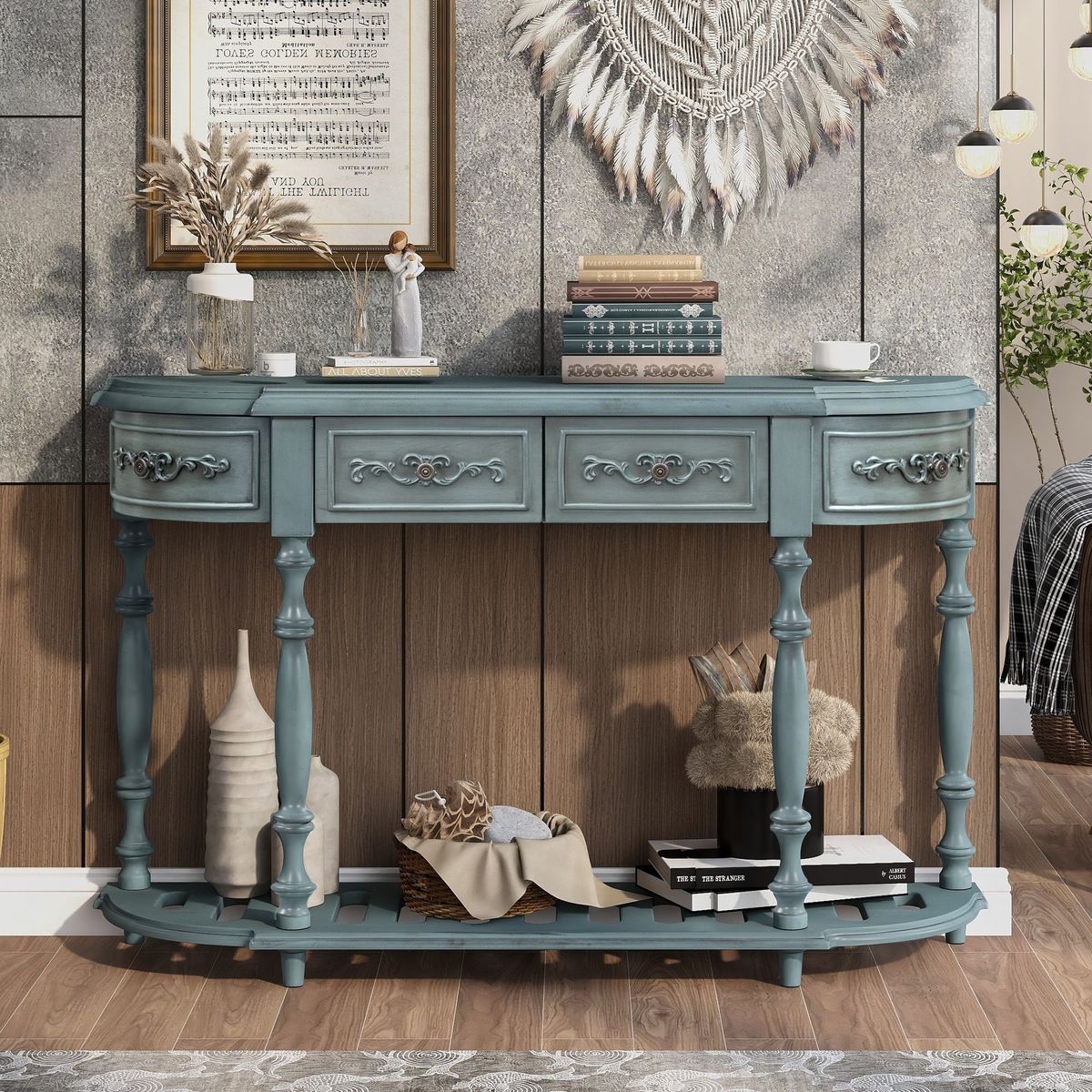 52''Modern And Contemporary Curved Console Table Sofa Table Entryway Table For Hallway Living Room With 4 Drawers And 1 Shelf_maomaolike.com
