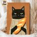 Black Cat With Baguette Painting Poster, Warm-toned Whimsical Illustration Poster, Delightful Cozy Decor Ideal For Kitchen, Dining Area_maomaolike.com
