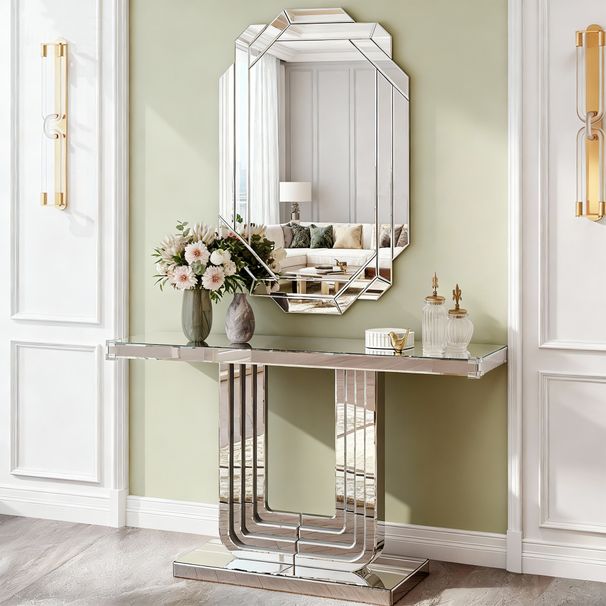 Mirrored Console Table, Silver Entryway Table With U Base & Hand-Spliced Line Design For Living Room, Hallway, Foyer, 47 Inch_maomaolike.com