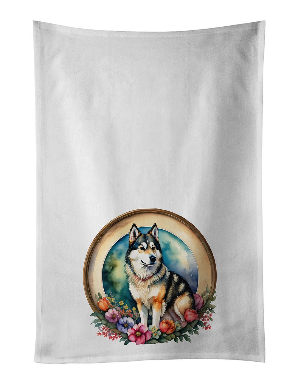 Alaskan Malamute And Flowers Kitchen Towel Set Of 2 White Dish Towels Decorative Bathroom Hand Towel For Hand, Face, Hair, Yoga, Tea, Dishcloth, 19 X 28", White_maomaolike.com