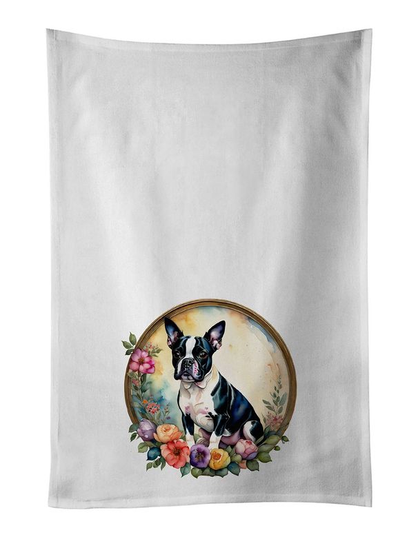 Boston Terrier And Flowers Kitchen Towel Set Of 2 White Dish Towels Decorative Bathroom Hand Towel For Hand, Face, Hair, Yoga, Tea, Dishcloth, 19 X 28", White_maomaolike.com