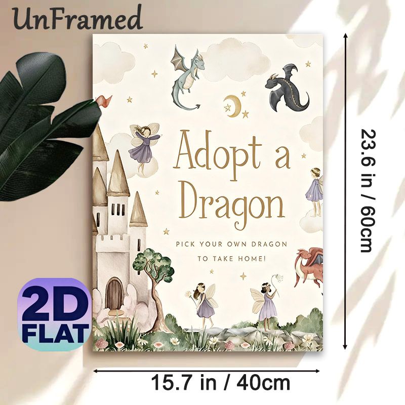 "Adopt A Dragon" Fantasy Painting Poster, Soft Watercolor Magical Castle & Fairy Scene Poster, Whimsical Decorative Artwork Suitable For Bedroom_maomaolike.com
