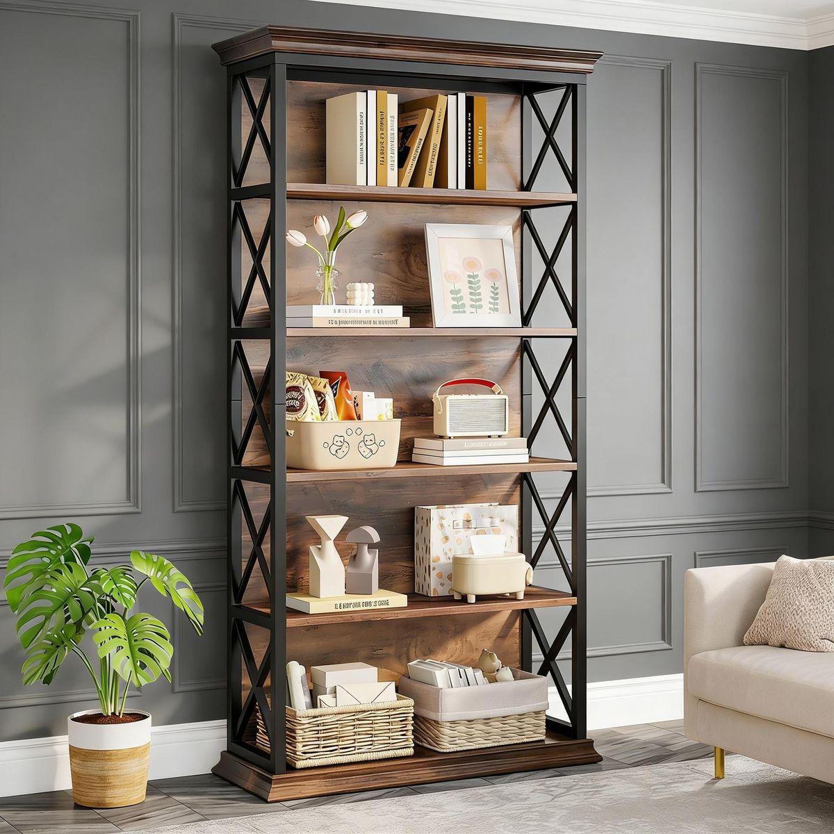 Bookshelf, BEtagere Metal And Wooden Bookcase For Home Office_maomaolike.com