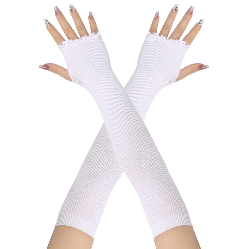 Unisex Long half-finger gloves with wooden ear edge Knitted warm cotton solid color open finger ruffled extended gloves_maomaolike.com