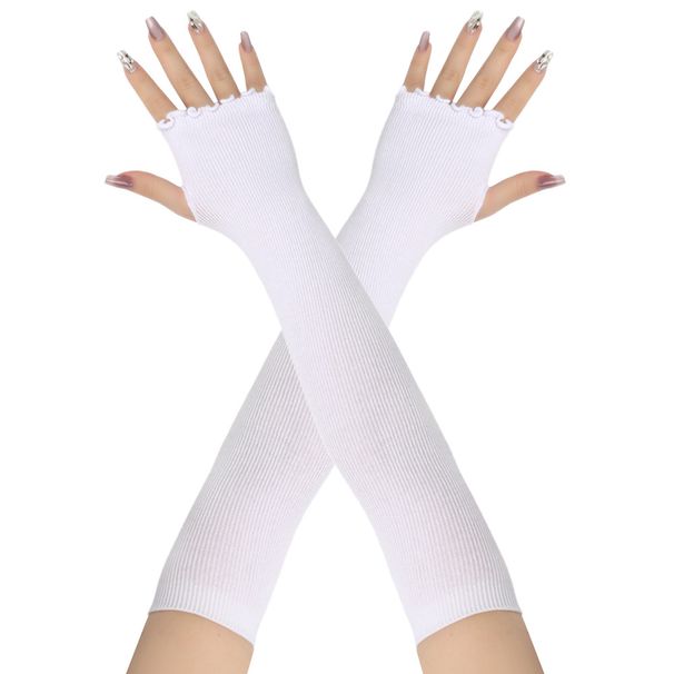 Unisex Long half-finger gloves with wooden ear edge Knitted warm cotton solid color open finger ruffled extended gloves_maomaolike.com
