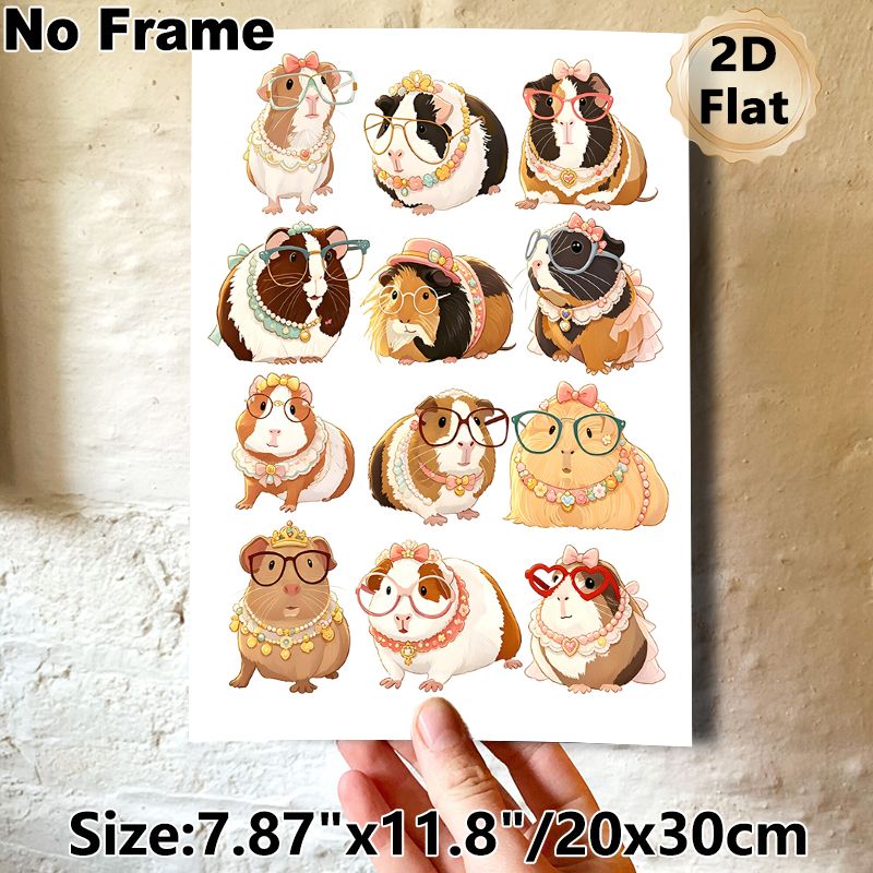 Guinea Pig Themed Painting Poster, Cute Cartoon Stylish Guinea Pigs With Glasses & Ornaments Poster, Lovely Decorative Artwork Suitable For Bedroom_maomaolike.com