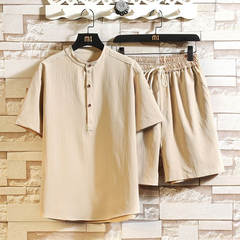 Men's Clothing two-piece suit stand-up collar retro short-sleeved suit casual solid color cotton and linen two-piece suit_maomaolike.com