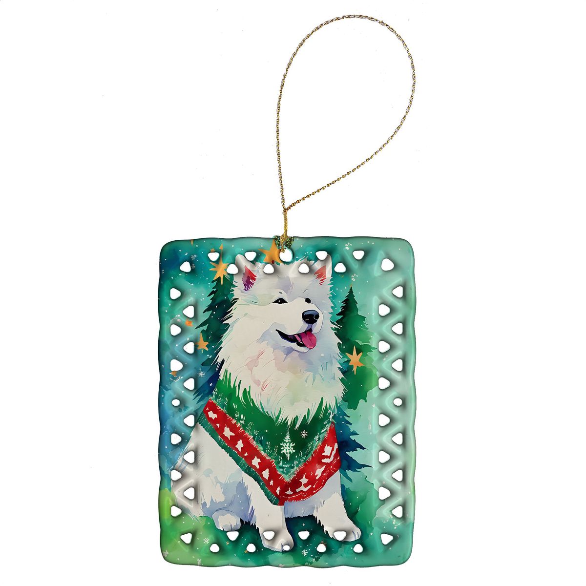 Samoyed Christmas Porcelain Ornament Christmas Tree Hanging Decorations For Home Christmas Holiday, Rectangle, Gift, Multicolor_maomaolike.com