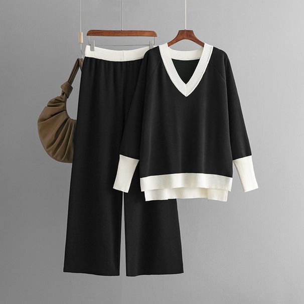 Women's Clothing autumn and winter new V neck contrast color knit sweater loose wide leg pants two piece suit_maomaolike.com