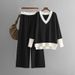 Women's Clothing autumn and winter new V neck contrast color knit sweater loose wide leg pants two piece suit_maomaolike.com