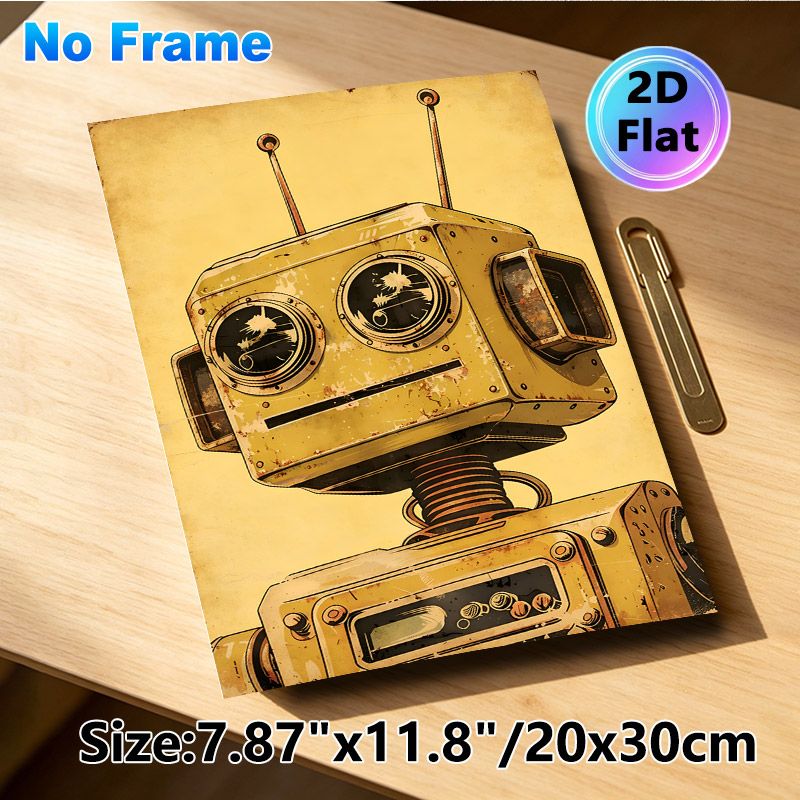 Vintage Robot Painting Poster, Retro Weathered Rusty Robot Illustration Poster, Unique Nostalgic Decor For Home Office, Living Room_maomaolike.com