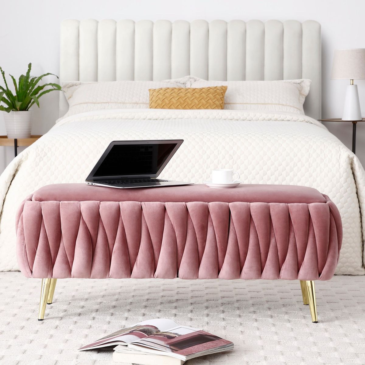 Oval Storage Bench With Gold Legs,Velvet Fabric ,Woven,Upholstered Ottoman Storage Benches For Bedroom End Of Bed,Sherpa Fabric Bench For Living Room,Dining Room,Entryway,Bed Side,Pink,5 Colors_maomaolike.com