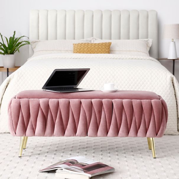 Oval Storage Bench With Gold Legs,Velvet Fabric ,Woven,Upholstered Ottoman Storage Benches For Bedroom End Of Bed,Sherpa Fabric Bench For Living Room,Dining Room,Entryway,Bed Side,Pink,5 Colors_maomaolike.com