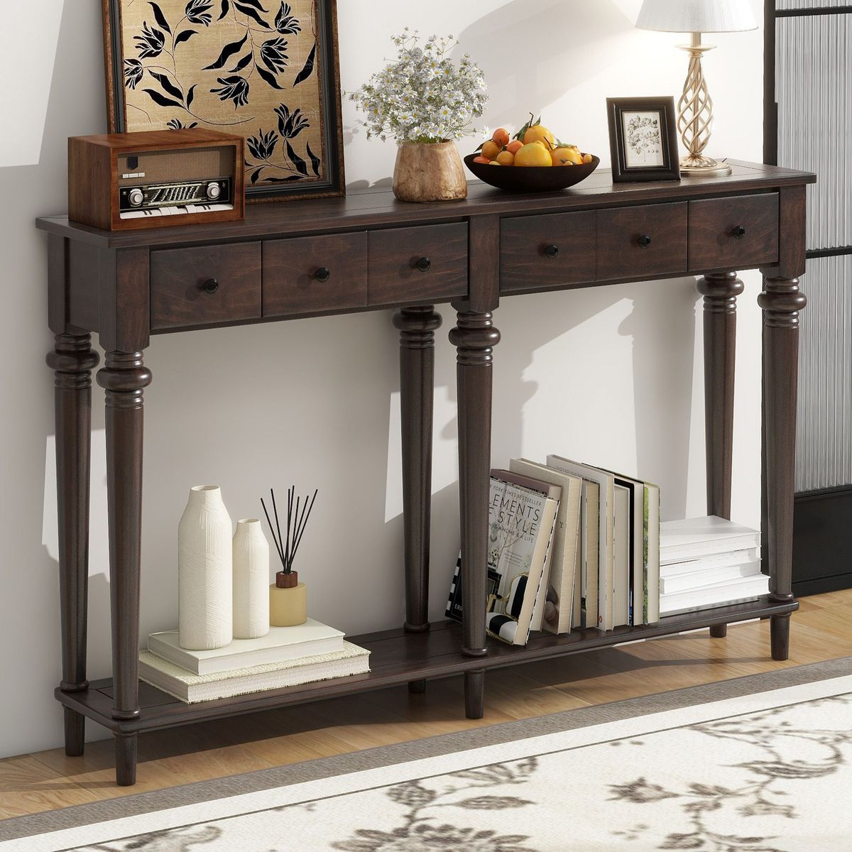 Retro Console Table With 4 Drawers And Open Shelf,perfect For Entryways,Living Rooms,and Hallways_maomaolike.com