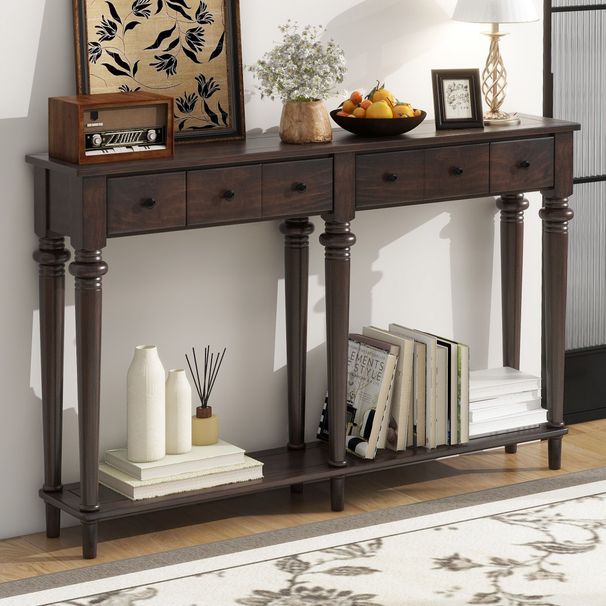 Retro Console Table With 4 Drawers And Open Shelf,perfect For Entryways,Living Rooms,and Hallways_maomaolike.com