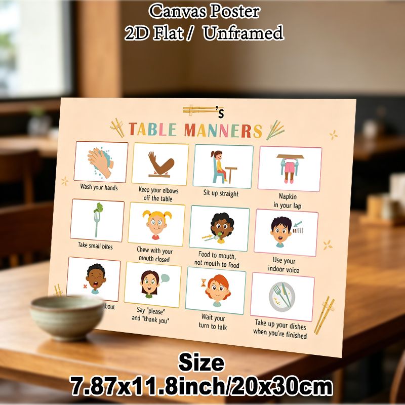 Table Manners Painting Poster, Colorful Cartoon-style Illustrated Etiquette Poster, Practical Table Manners Learning Guide Ideal For Dining Room, Home_maomaolike.com
