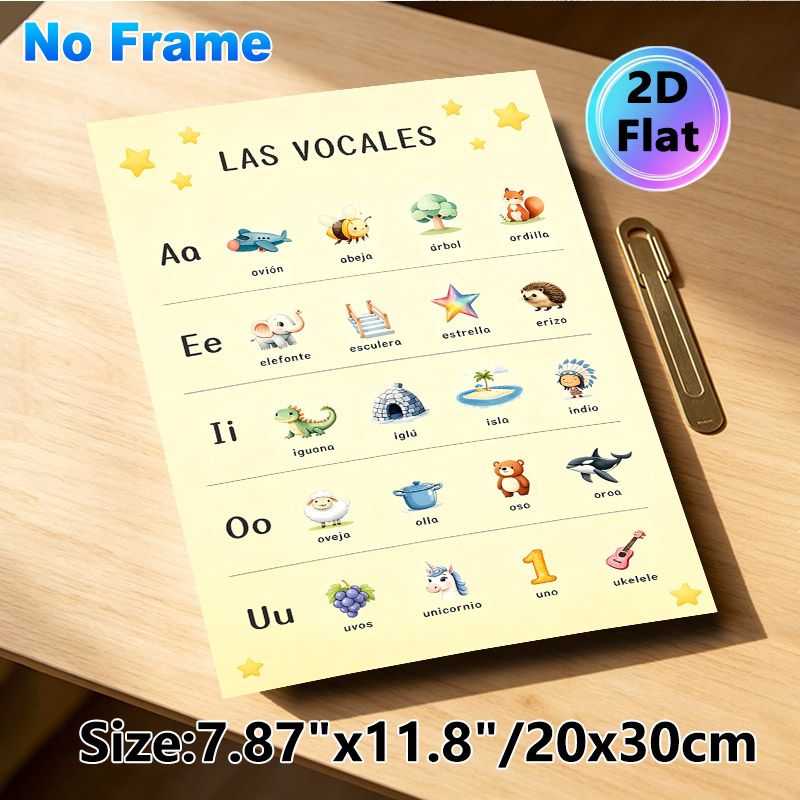 Spanish Vowels Learning Painting Poster, Cute Cartoon Style Vocabulary Illustrated Poster, Assists With Spanish Language Learning, Suitable For Study_maomaolike.com
