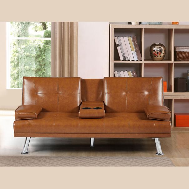 Bright Brown PU 66inch Sleeper Sofa,2-seat Sofa With Cup Holder, Folding Sofa Bed, Accompany Two Head Pillows,_maomaolike.com