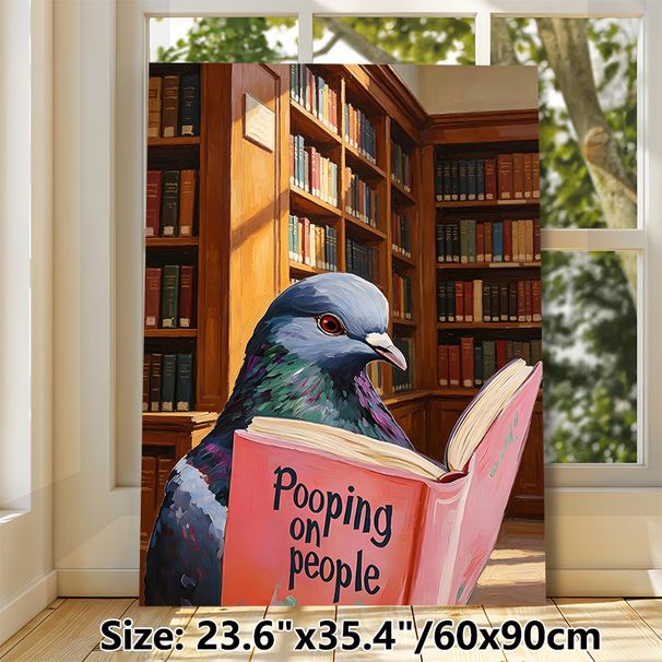 Pigeon Reading Book Painting Poster, Rich-toned Oil Painting Style Poster, Playful Quirky Literary Decor Ideal For Library, Study Room_maomaolike.com