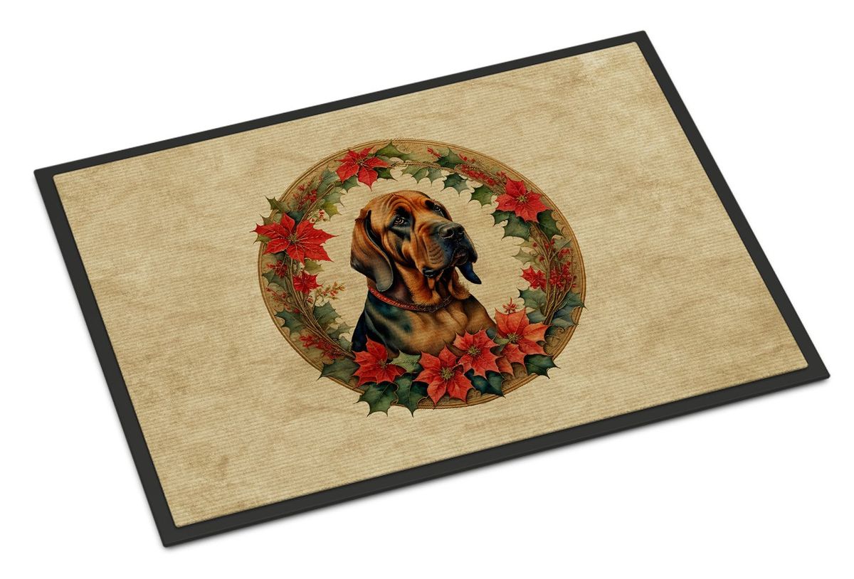 Bloodhound Christmas Flowers Doormat Front Door Mat Indoor Outdoor Rugs For Entryway, Non Slip Washable Low Pile, 24H X 36W_maomaolike.com