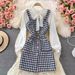 Women's temperament bow tie shirt two-piece suit tweed plaid suspender dress_maomaolike.com