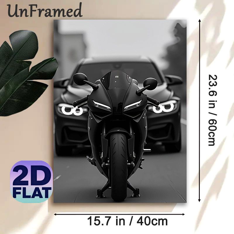 Motorcycle & Sports Car Themed Painting Poster, Monochrome Sleek Vehicle Close-up Poster, Stylish Automotive Decor Ideal For Garage, Living Room Or_maomaolike.com