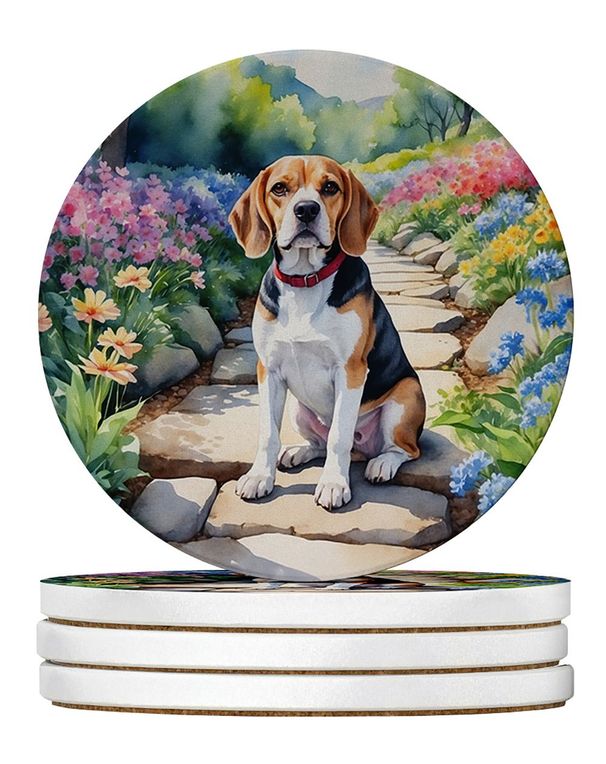 Beagle Spring Garden Large Sandstone Coasters Pack Of 4 Absorbent Round Coasters Decor Gifts For Men Or Women, 4 In, Multicolor_maomaolike.com
