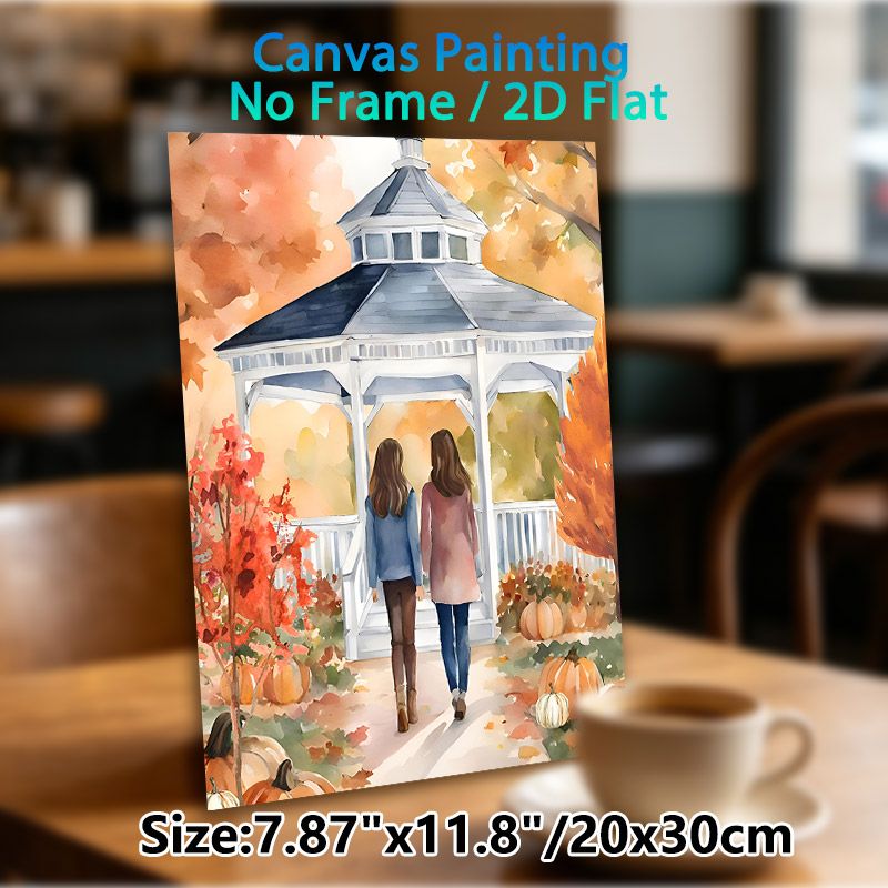 Autumn Gazebo & Friends Painting Poster, Warm Watercolor Style Poster, Cozy Fall Scene With Two Figures, Pumpkins And Foliage, Ideal For Living Room_maomaolike.com