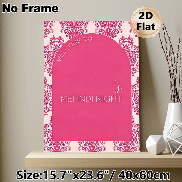 Mehndi Night Themed Painting Poster, Elegant Pink Damask Bordered Poster, Warm Welcome Decor Perfect For Traditional Mehndi Night Gatherings_maomaolike.com