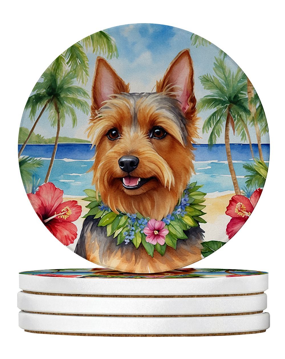 Australian Terrier Luau Large Sandstone Coasters Pack Of 4 Absorbent Round Coasters Decor Gifts For Men Or Women, 4 In, Multicolor_maomaolike.com