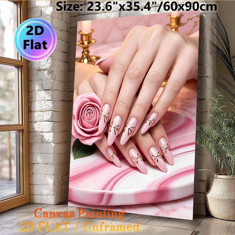 Nail Art Themed Painting Poster, Elegant Glossy Pink Nails With Gold Bow Details Poster, Chic Nail Art Display, Ideal For Beauty Salons And Makeup_maomaolike.com