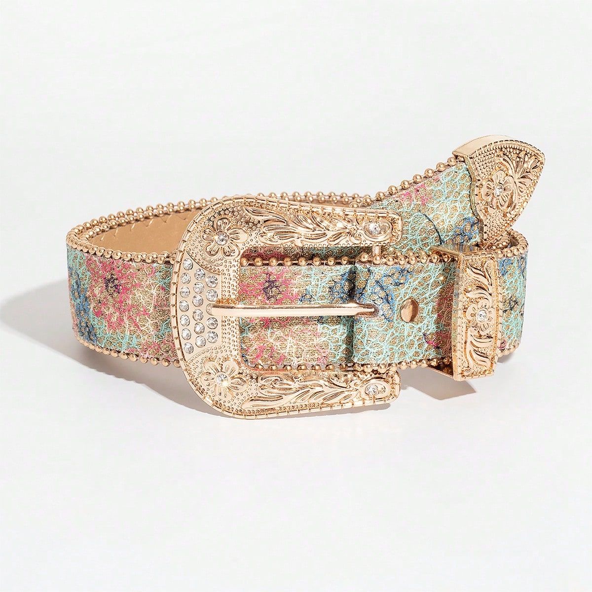 1pc Women's Light Luxury Elegant Carved Metal Buckle Multi-color Flower Glitter Print Beaded Jeans Belt_maomaolike.com