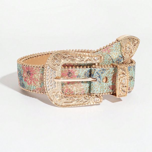 1pc Women's Light Luxury Elegant Carved Metal Buckle Multi-color Flower Glitter Print Beaded Jeans Belt_maomaolike.com