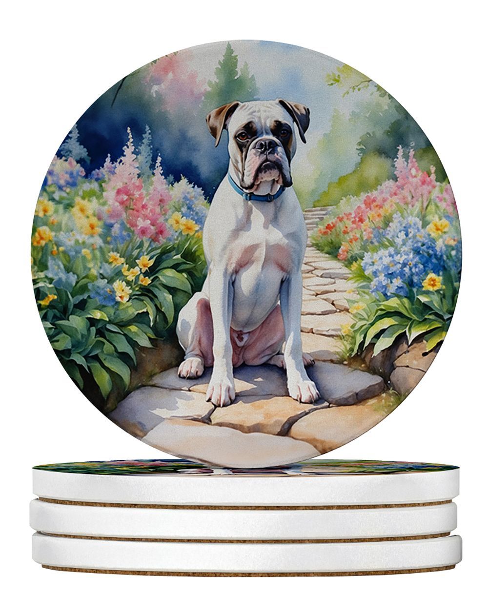 White Boxer Spring Path Large Sandstone Coasters Pack Of 4 Absorbent Round Coasters Decor Gifts For Men Or Women, 4 In, Multicolor_maomaolike.com