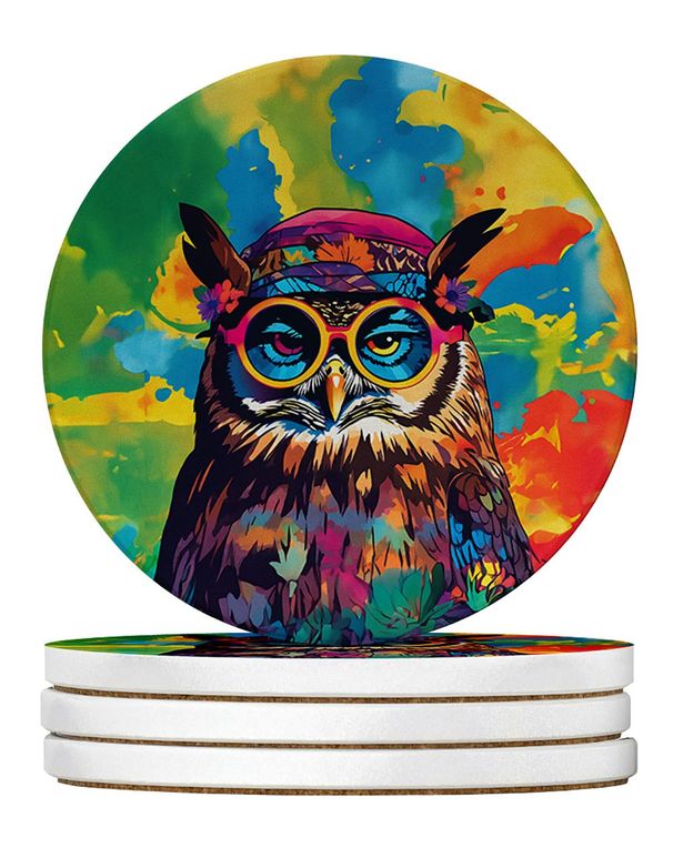 Hippie Animal Owl Large Sandstone Coasters Pack Of 4 Absorbent Round Coasters Decor Gifts For Men Or Women, 4 In, Multicolor_maomaolike.com