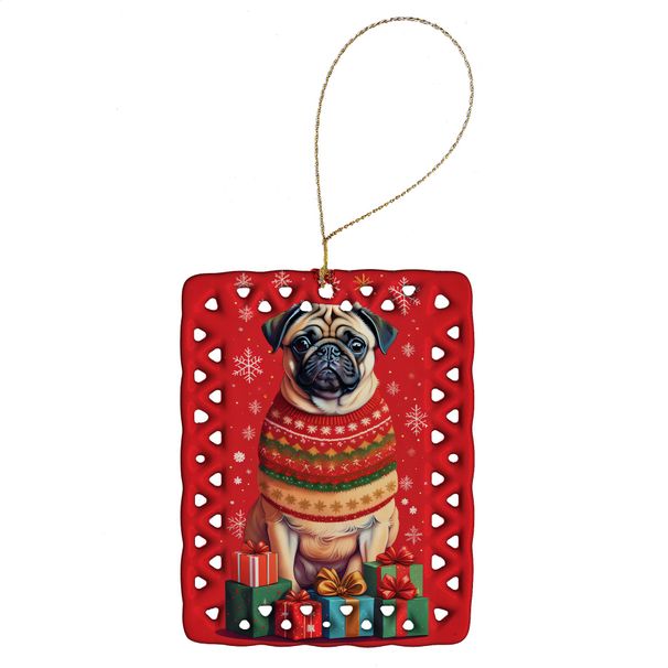 Fawn Pug Holiday Christmas Porcelain Ornament Christmas Tree Hanging Decorations For Home Christmas Holiday, Rectangle, Gift, Multicolor_maomaolike.com