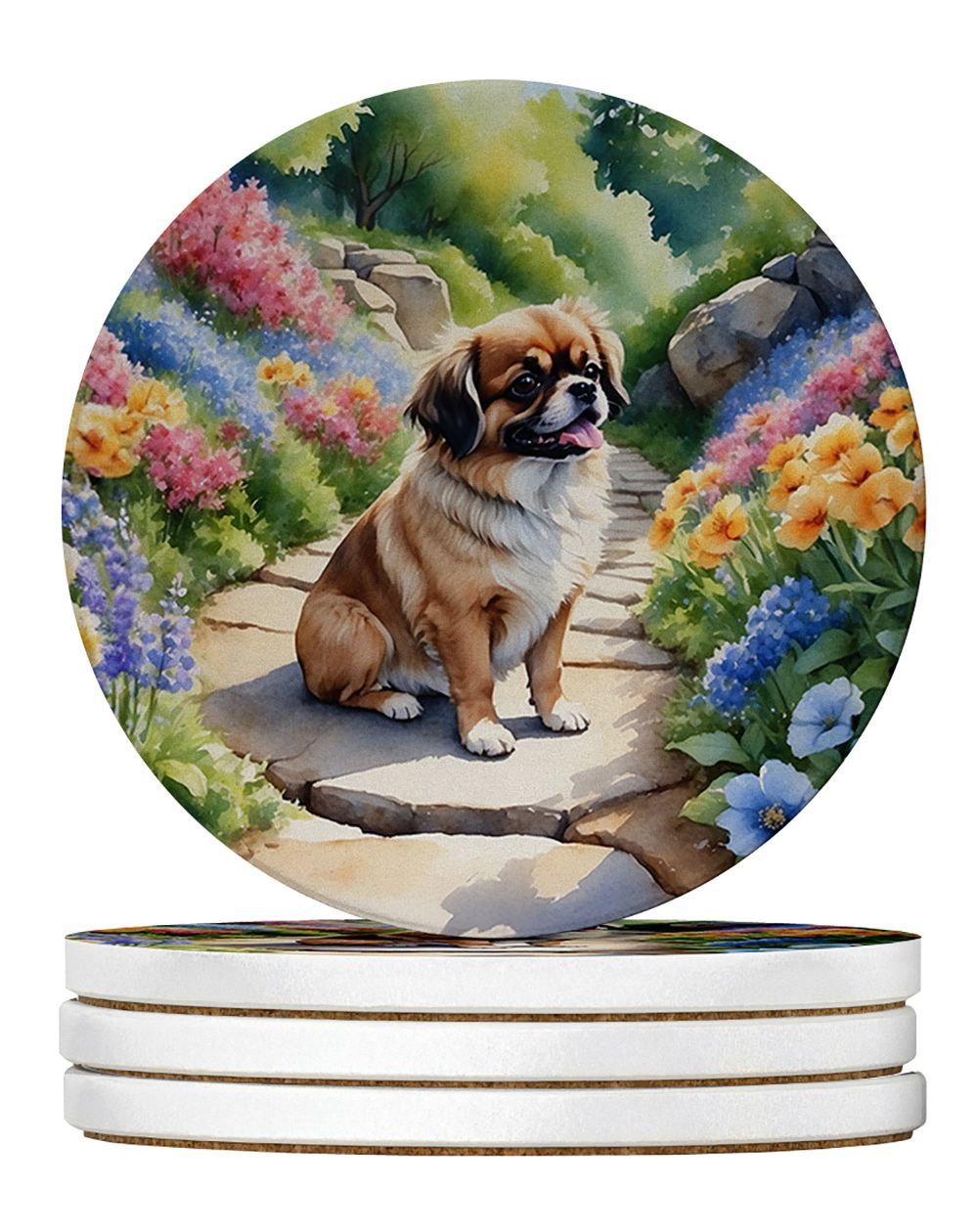 Tibetan Spaniel Spring Path Large Sandstone Coasters Pack Of 4 Absorbent Round Coasters Decor Gifts For Men Or Women, 4 In, Multicolor_maomaolike.com