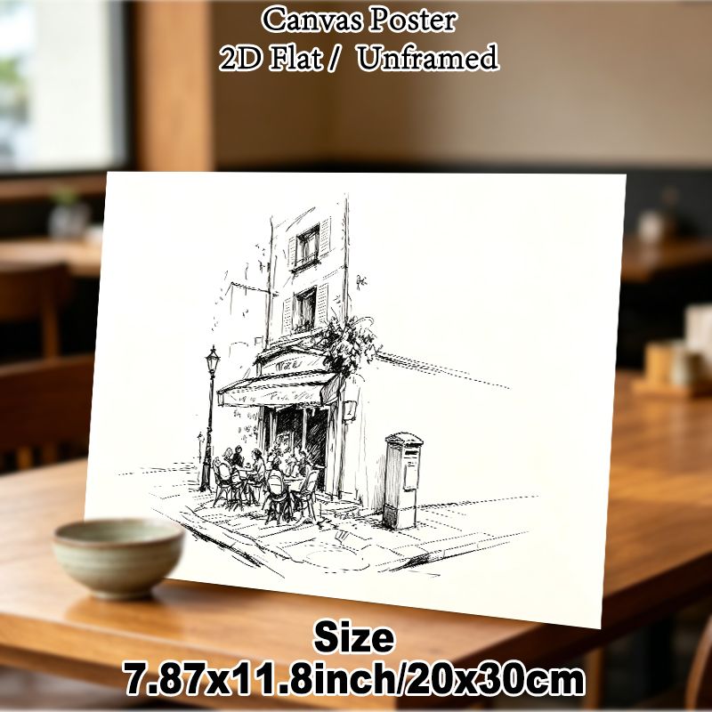 European Street Cafe Painting Poster, Monochrome Sketch-style Poster, Artistic Depiction Of Outdoor Cafe Patrons On Street Corner, Charming Urban_maomaolike.com