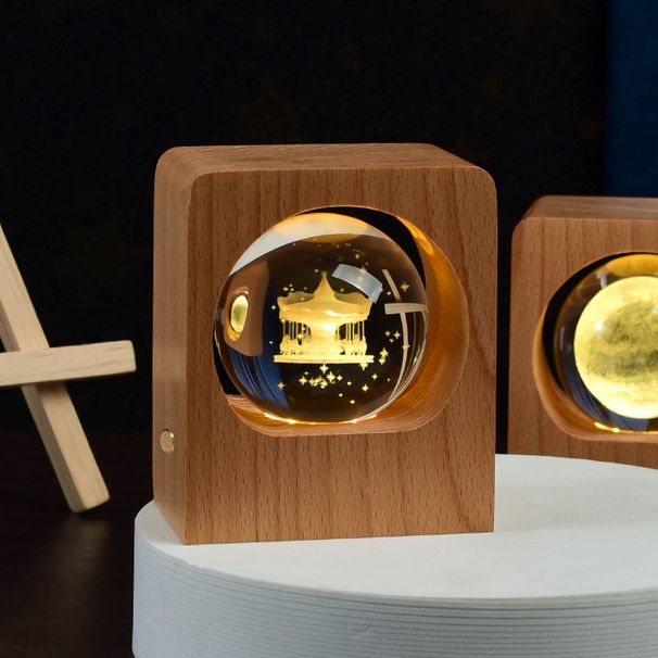 Beech Crystal Ball Night Light 3D Laser Engraving Elk Jellyfish LED Nightlights USB Dimmable Lamp For Bedroom Decoration_maomaolike.com