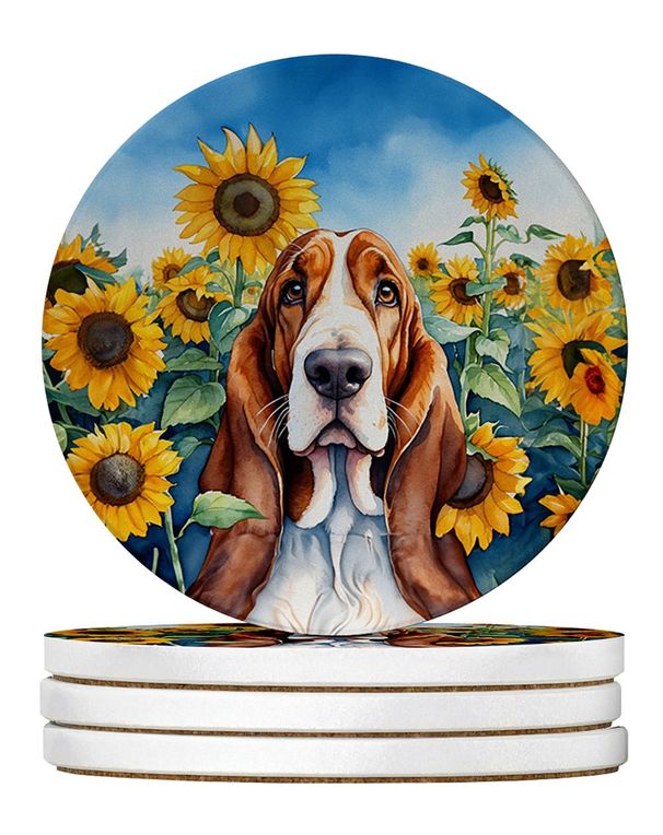 Basset Hound In Sunflowers Large Sandstone Coasters Pack Of 4 Absorbent Round Coasters Decor Gifts For Men Or Women, 4 In, Multicolor_maomaolike.com