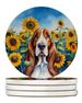 Basset Hound In Sunflowers Large Sandstone Coasters Pack Of 4 Absorbent Round Coasters Decor Gifts For Men Or Women, 4 In, Multicolor_maomaolike.com