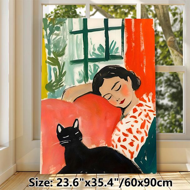 Woman & Black Cat Themed Painting Poster, Warm-toned Soft Brushstroke Cozy Indoor Scene Poster, Offers Tranquil Relaxing Atmosphere, Suitable For_maomaolike.com