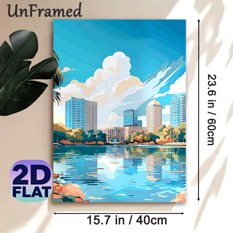 Waterfront City Skyline Painting Poster, Vibrant Flat-style Urban Scene Poster, Peaceful Lakeside City View With Clear Reflections, Suitable For Home_maomaolike.com