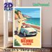 Coastal Road Trip Painting Poster, Vintage-style Retro Convertible With Surfboard On Seaside Cliff Road Poster, Warm Nostalgic Vibe For Living Room_maomaolike.com