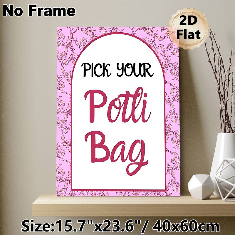 Potli Bag Themed Painting Poster, Pink Floral Patterned Border With Stylish Script Text Poster, Charming Decorative Sign Ideal For Festive Gatherings_maomaolike.com